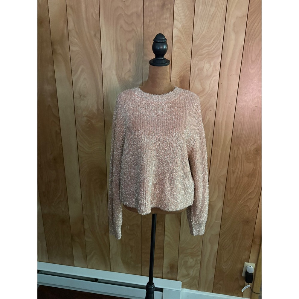 Bar III‎ Womens Dolores Blush Metallic Eyelash Knit Sweater Small Crew Neck Pink